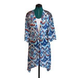 2/$30 bebe Vibrant Blue and Red Print Cardigan Kimono Cover-Up Beaded Detail